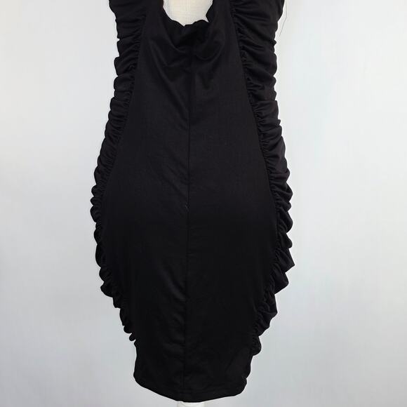 Halter Bodycon Dress XL Black Ruched Side Plunge Neck Stretch Y2K Goth Clubwear - Picture 8 of 13